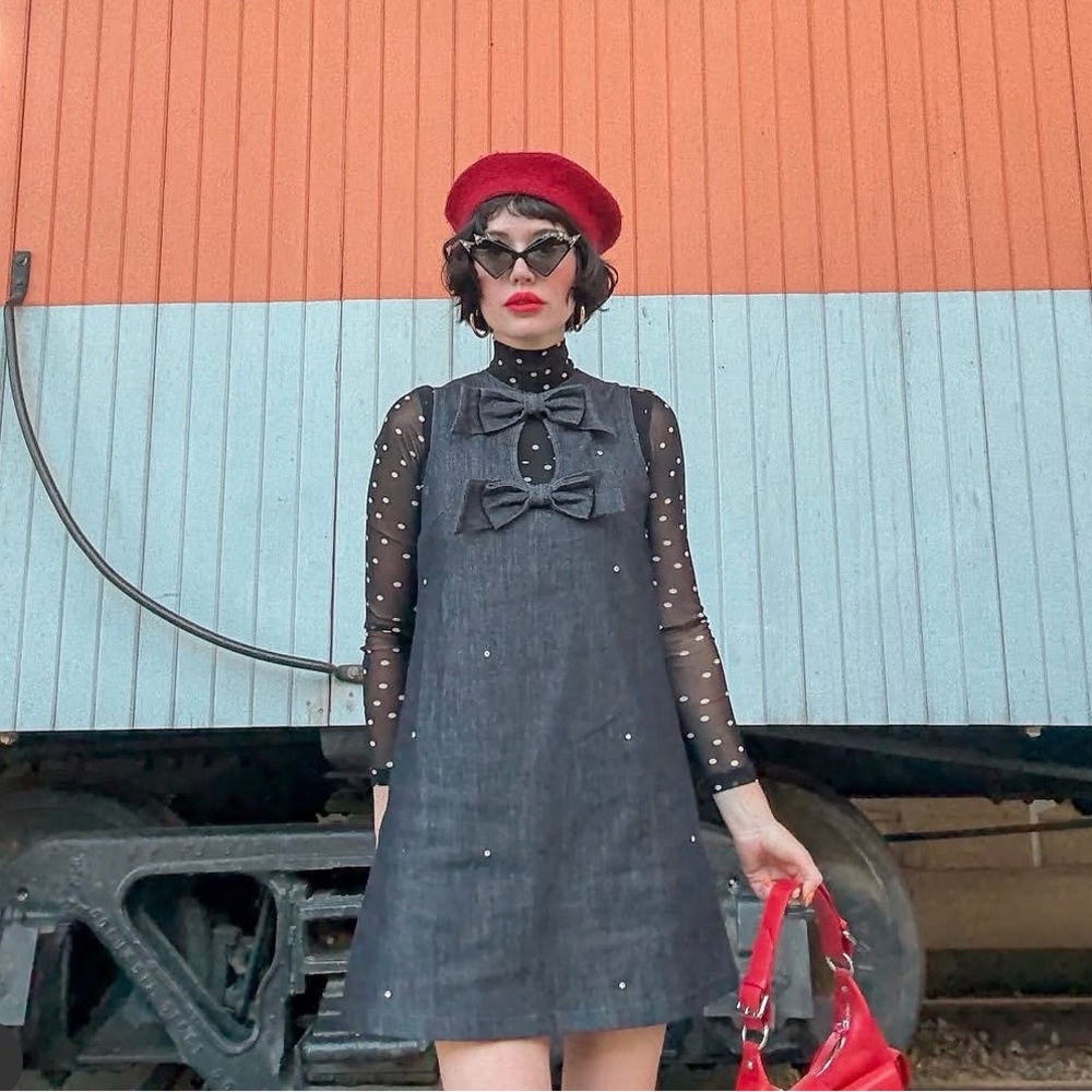 Sister Jane bow denim Black gem-Embellished Bow Shift Dress size XS